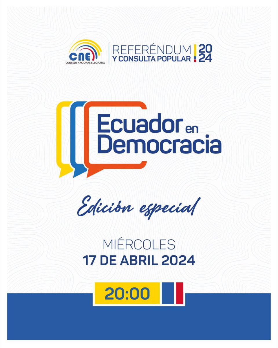 🗳️ ¡En democracia, #EcuadorVotaInformado! 🇪🇨

Esta noche a partir de las 20:00, acompáñanos en la emisión especial de nuestro informativo #EcuadorEnDemocracia donde te presentaremos los detalles sobre el #ReferéndumYConsulta2024 #EcuadorDecide2024.