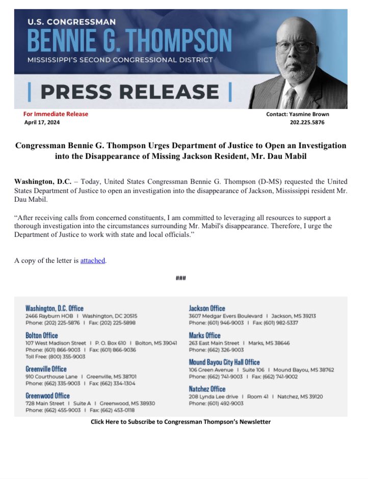 For Immediate Release: Congressman Bennie G. Thompson Urges Department of Justice to Open an Investigation into the Disappearance of Missing Jackson Resident, Mr. Dau Mabil