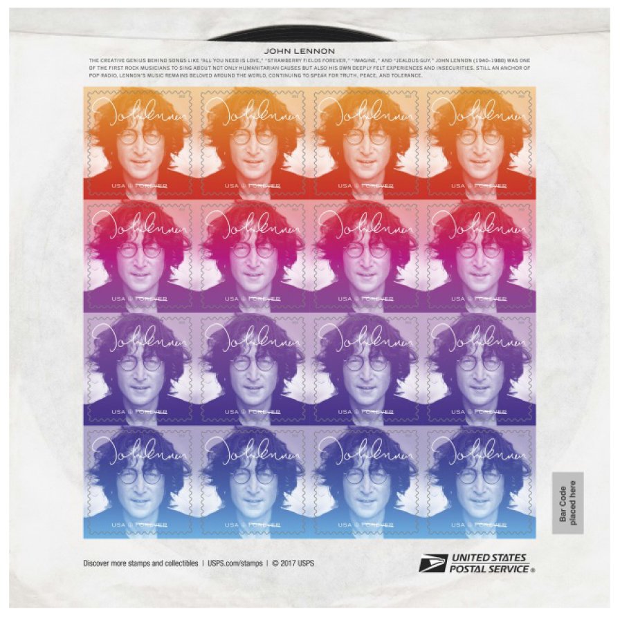 The USPS 2018 stamp features a photograph of #JohnLennon taken by noted rock-and-roll photographer #BobGruen in August 1974. 
For the stamps, the original black-and-white image has been treated in gradations of color.