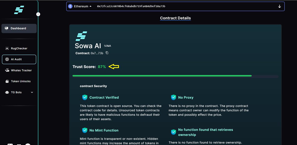 🎉 Big News: Trust Score Now Available on RugChecker! 🏹 Hey Sowa AI DApp Users, Exciting update: RugChecker just got even better with Trust Score! Now, you can easily check how safe a contract is before diving in. 🟢 Try out Trust Score today on the Sowa AI DApp's RugChecker…