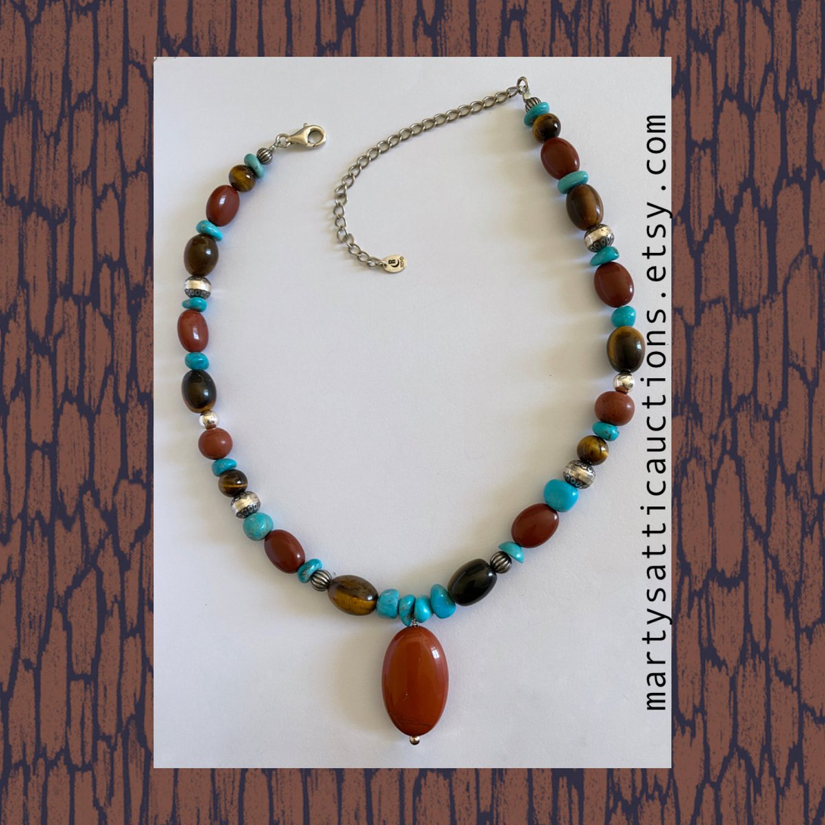 Carolyn Pollack Relios Pendant of Polished Turquoise, Tiger Eye, Red Jasper Sterling Beads, Vintage Artisan 15' Gemstone Pendant-4' Extender