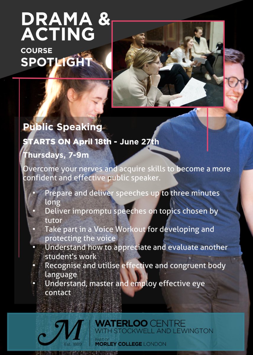 Communicating ideas clearly and presenting them in an engaging way to your audience requires a specific set of skills and confidence. Learn and practice in a safe environment to enhance your professional and personal communications <a href="/morleycollege/">Morley College London</a> - From this Thursday, 18th Apr
