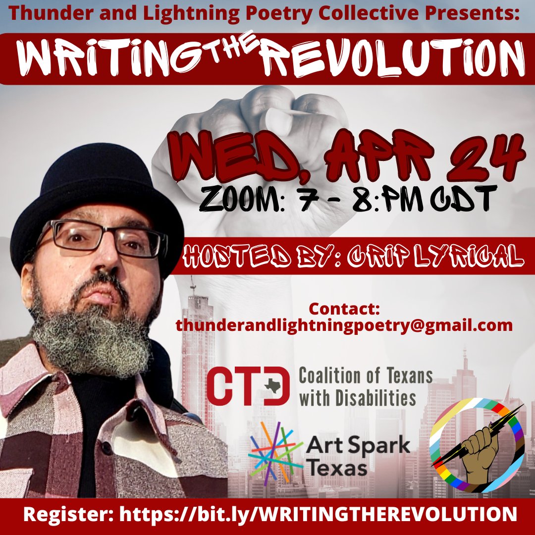 Let's Write the Revolution!

Writing the Revolution is a generative, interactive space designed to explore, discuss, and create poetry as a tool for political and social justice. 

Weds, April 24, 7pm CDT via Zoom

Register to attend:
bit.ly/WRITINGTHEREVO…

FREE + OPEN TO ALL