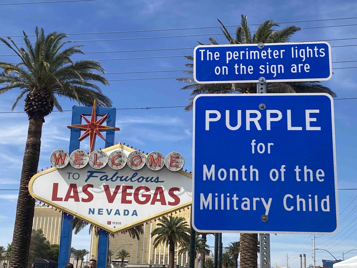 The Welcome to Fabulous Las Vegas Sign is lit purple in celebration of Purple Up! Day, designated by Nevada to recognize military-connected children. 💜@ClarkCountyNV @WillMcCurdyII @NevadaNdvs @NellisAFB @NVNationalGuard @FGonzales_NV #PurpleUp #MOMC #MonthOfTheMilitaryChild