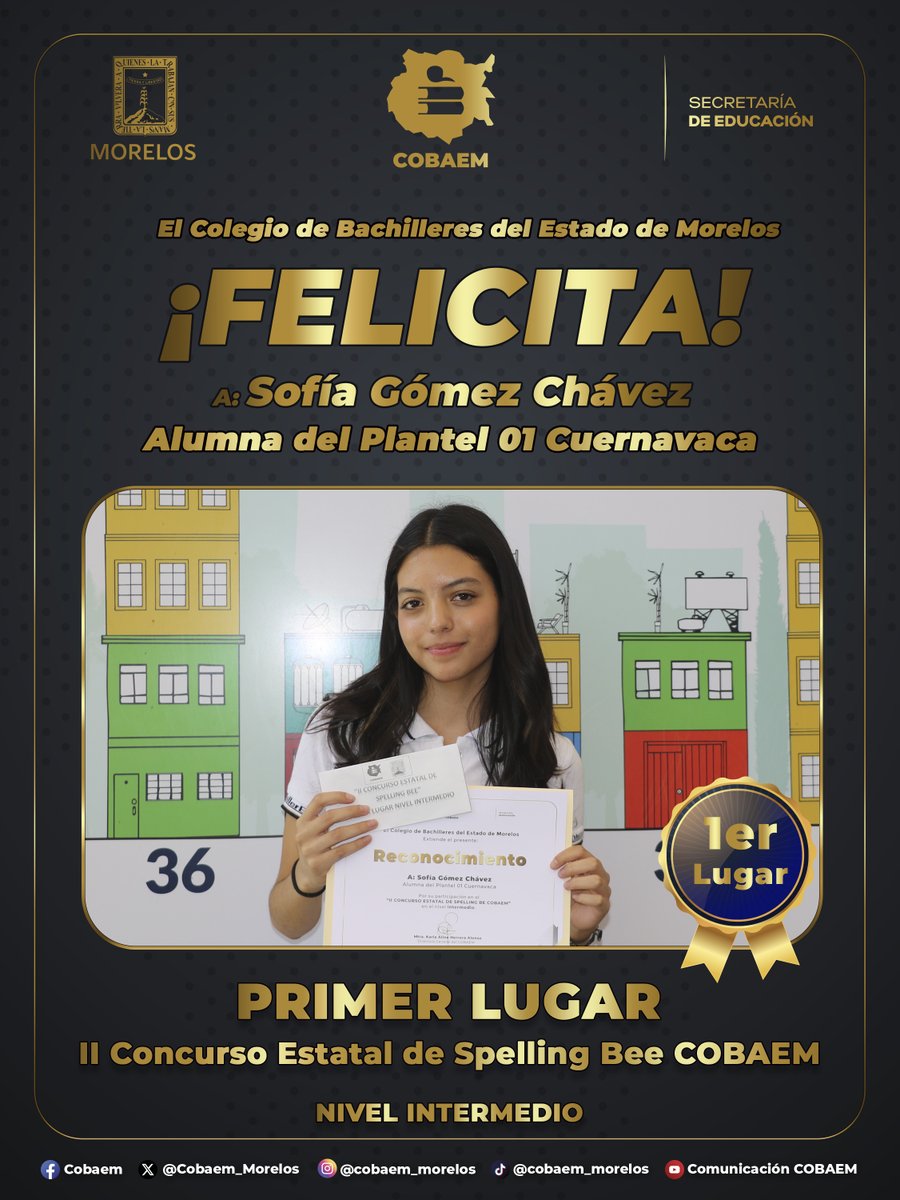 Cobaem_Morelos's tweet photo. 📷📷¡#TALENTOCOBAEM!
Extendemos una felicitación a nuestra alumna Sofía Gómez Chávez, del #Plantel01 #Cuernavaca, por haber ganado el #PrimerLugar en el nivel intermedio, en el II Segundo Concurso de Spelling Bee COBAEM 2024. https://t.co/Os5jS4bMEh