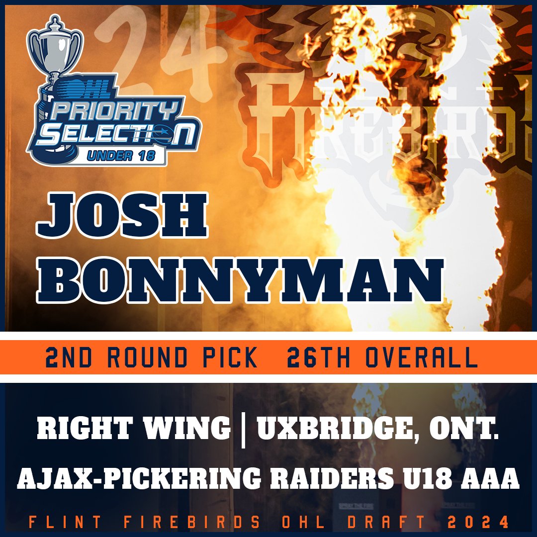With the 26th pick in the 2024 U18 OHL Priority Selection, the Firebirds select Josh Bonnyman!

#OHLU18Draft