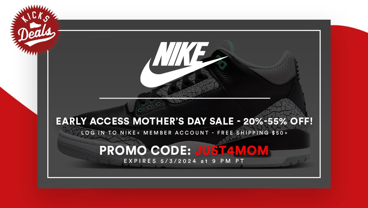 NEW @nikestore Mother's Day SALE Enjoy EXTRA 20% OFF select styles with #promotion code JUST4MOM RT this and comment w/ your size for a chance to win a FREE pair of the 'Bred Reimagined' AJ4 Retro! 👀 The 12 best DEALS are highlighted in a thread below.