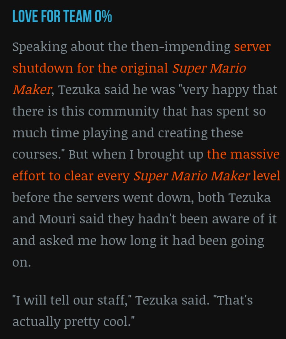 Official acknowledgement of Team 0% from #SuperMarioMaker producer Takashi Tezuka. Via an interview with @arstechnica