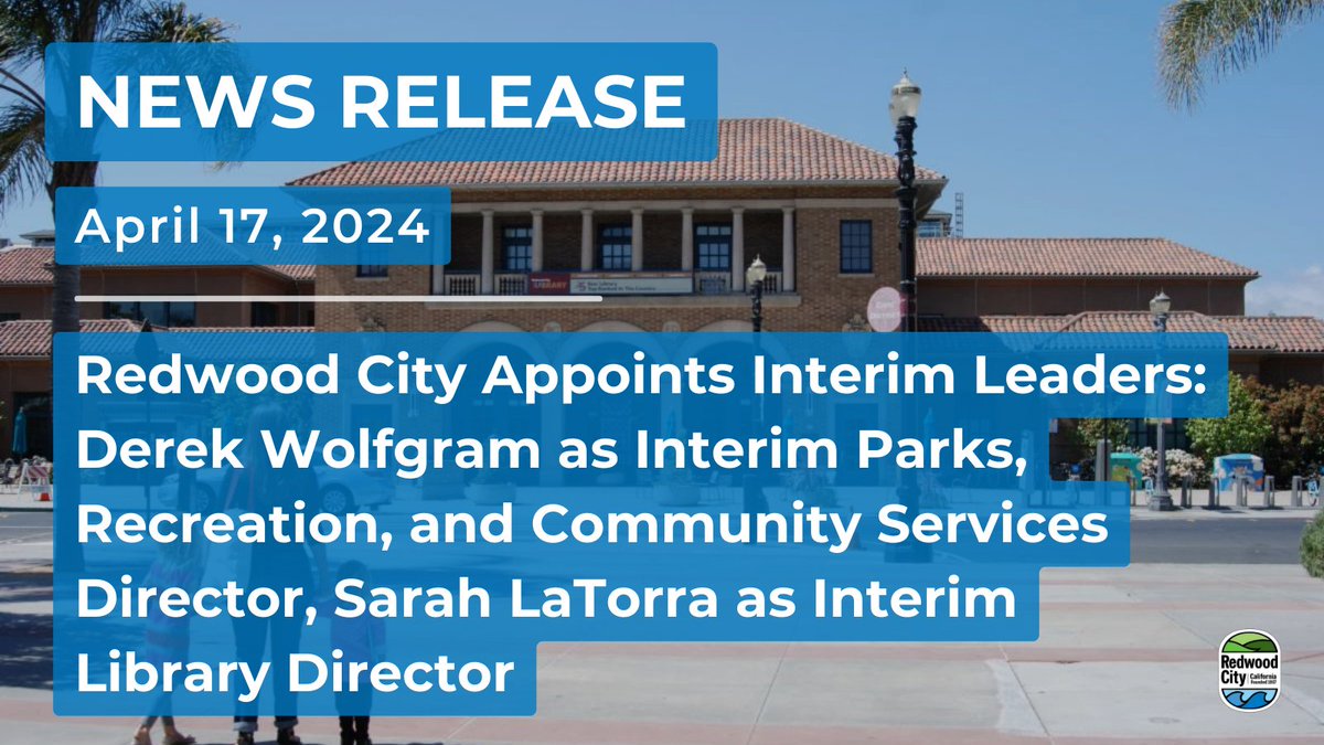 Redwood City Appoints Interim Leaders: Derek Wolfgram as Interim Parks, Recreation, and Community Services Director, Sarah LaTorra as Interim Library Director Read the full news release here ➡️ redwoodcity.org/.../Compon.../….