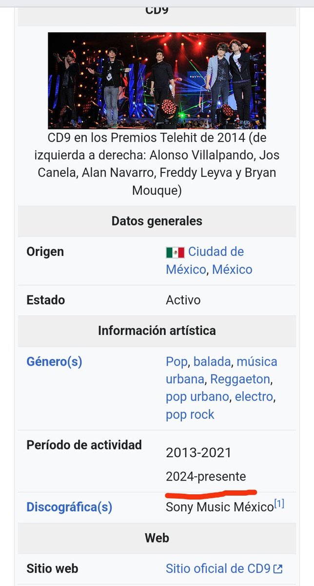 Gracias linda persona que editó wikipedia y ahora en lugar de" "fue una boyband" ahora dice de nuevo: "es una boyband" 
2024- al presente 🥹🫶

CD9 RELOADED