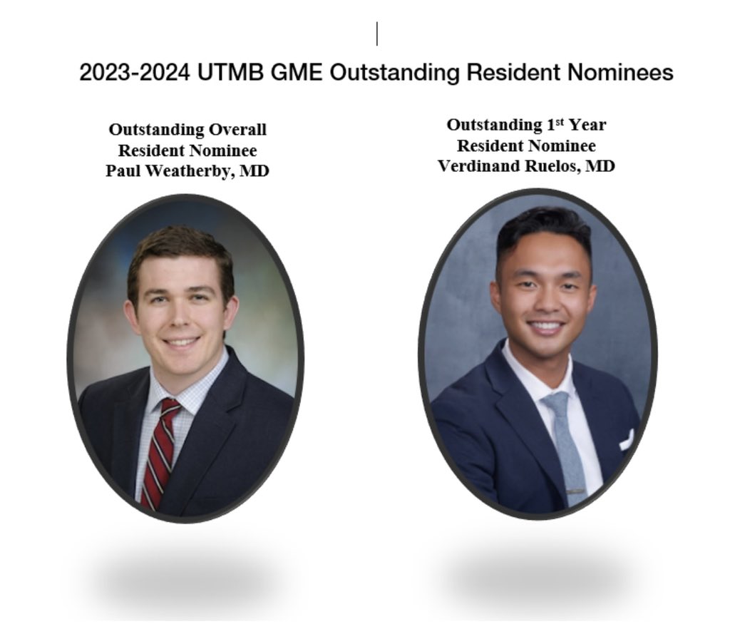 UTMB Orthopaedics (@utmbortho) on Twitter photo It is with great pleasure that we announce the nominations of Dr. Paul Weatherby and Dr. Verdinand Ruelos as outstanding residents, on behalf of the UTMB GME Office and the DOSR. #utmbfam It is with great pleasure that we announce the nominations of Dr. Paul Weatherby and Dr. Verdinand Ruelos as outstanding residents, on behalf of the UTMB GME Office and the DOSR. #utmbfam