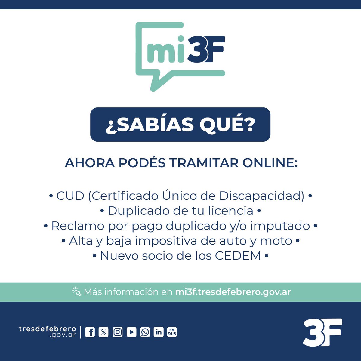 pcasna's tweet photo. La municipalidad más cerca tuyo🙌🏼
Con #Mi3F podés hacer tus trámites y resolver consultas de manera rápida , fácil, en un solo lugar y de manera online… ¡REGÍSTRATE!
👉🏼https://t.co/92ZiDBewgk https://t.co/fJoihi4oyu