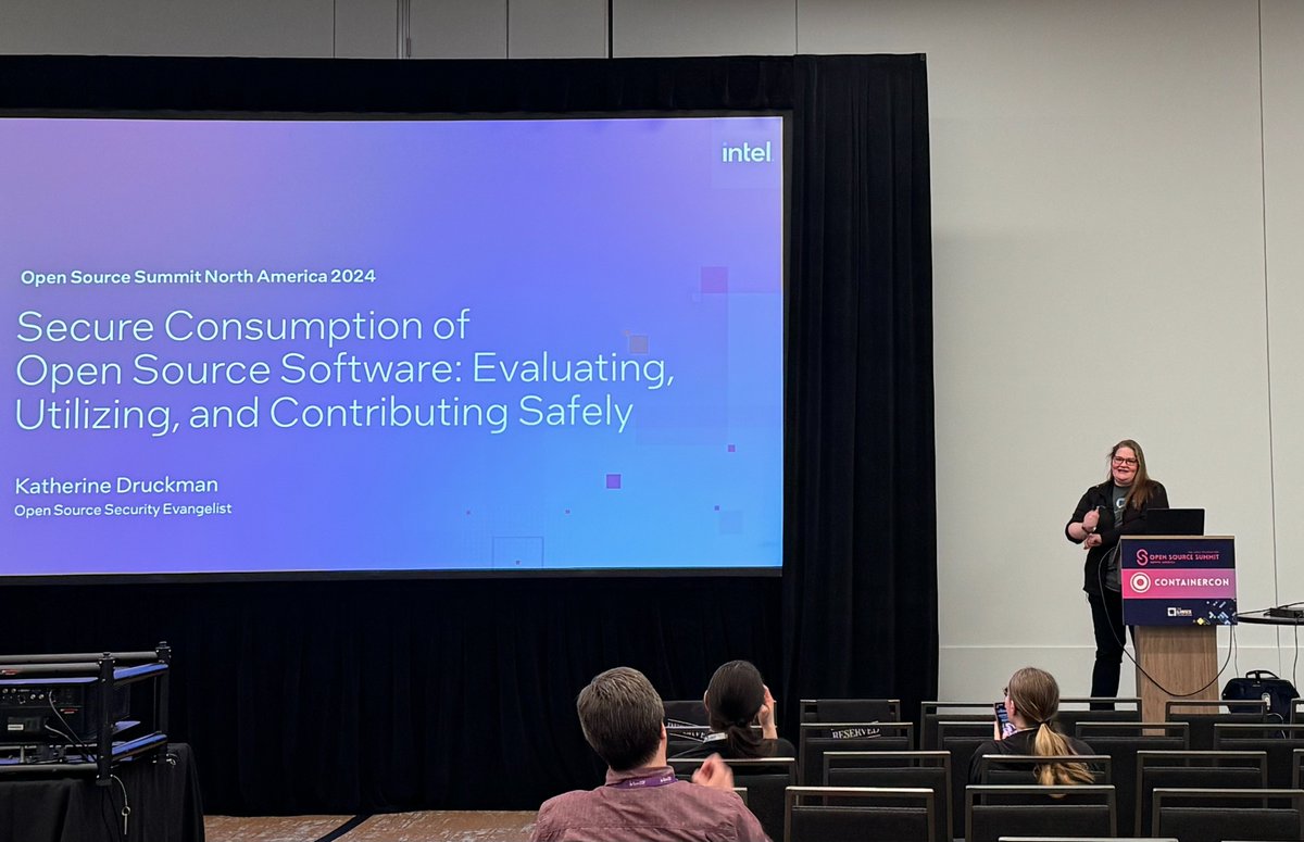 Katherine Druckman discusses ensuring secure open source consumption through careful evaluation, contribution, and utilization, including leveraging OpenSSF projects & tools such as the OpenSSF Scorecard & Best Practices badge, in her Lightning talk at the #OSSummit.