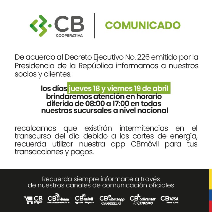 CBcooperativa's tweet photo. ℹ️ Comunicado | Este jueves 18 y viernes 19 de abril brindaremos atención en horario diferido en todas nuestras sucursales a nivel nacional, de igual manera el fin de semana estarán habilitadas nuestras sucursales para socios y clientes.
#CBvisa | #CajeroAutomático | #CBpagos https://t.co/FRJtSc58AI
