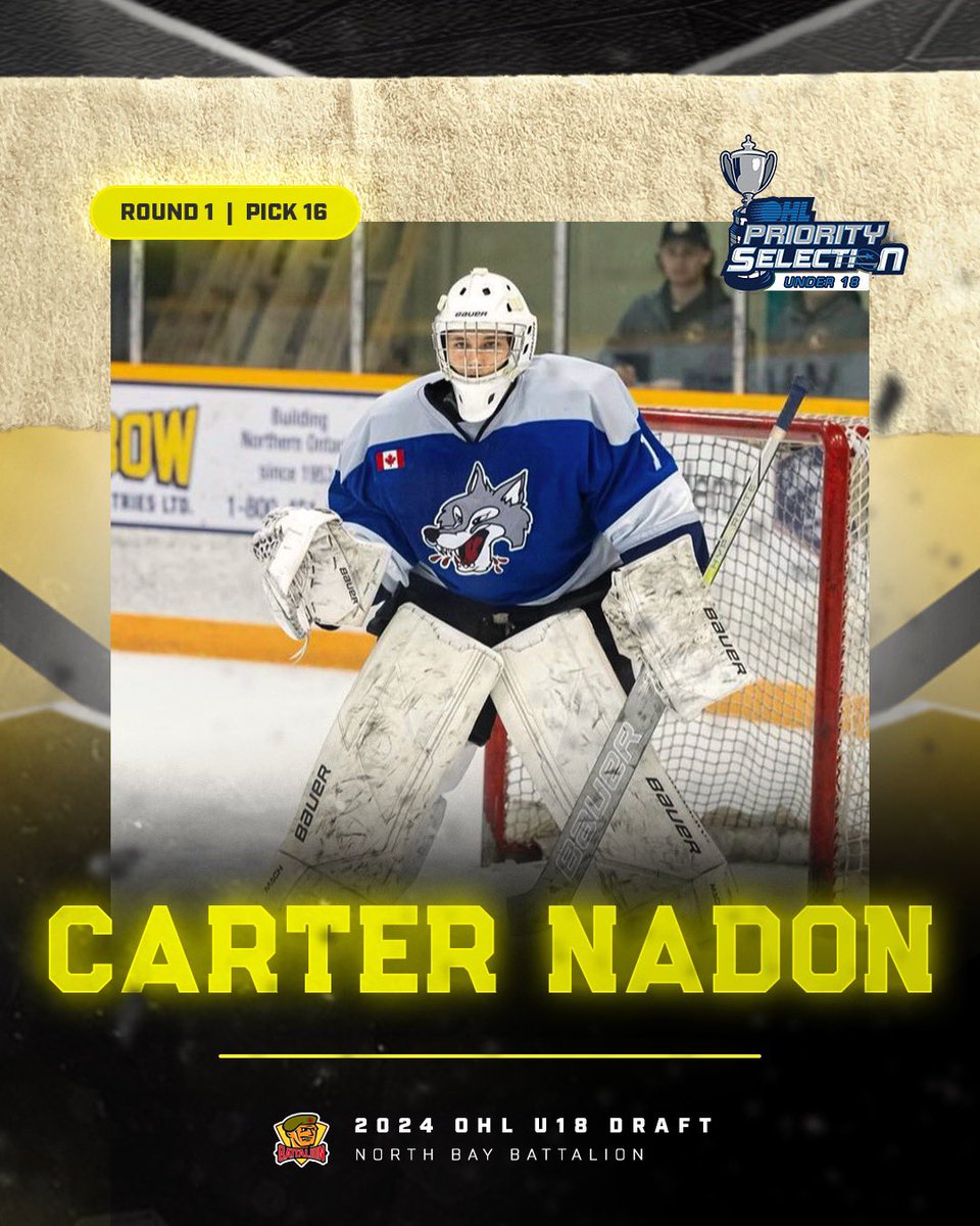 With the 16th pick in the 2024 #OHLU18Draft, the North Bay Battalion select Carter Nadon.

#GoTroopsGo