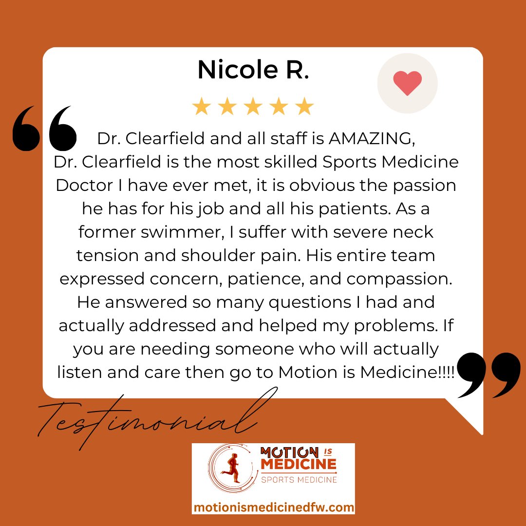Thank you for this amazing review! We appreciate all the kind words and are happy to be part of your journey to get you moving again! If you or anyone you know is having any muscle or joint pain give us a call today at 817-900-3539.
#review #sportsmedicine #fyp #dfw #nrh #prp