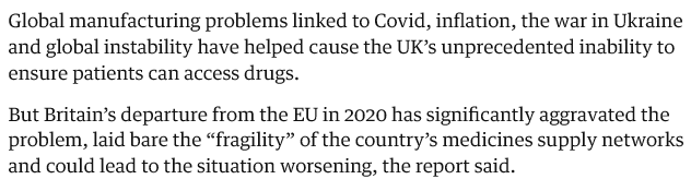 'Drug shortages, now normal in UK, made worse by Brexit, report warns' Who needs medicine when we are shielded by our new-found sovereignty? It's well known viruses run a mile at the mere sight of a blue passport. Nothing to lose, except our health. theguardian.com/science/2024/a…