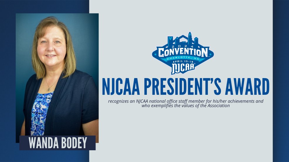 Wanda Bodey has been named the recipient of the 2023-24 NJCAA President's Award! Bodey, a member of the @NJCAA National Office staff, upholds the greatest values of the Association through her hard work and dedication. 💻njcaa.org/general/2023-2…