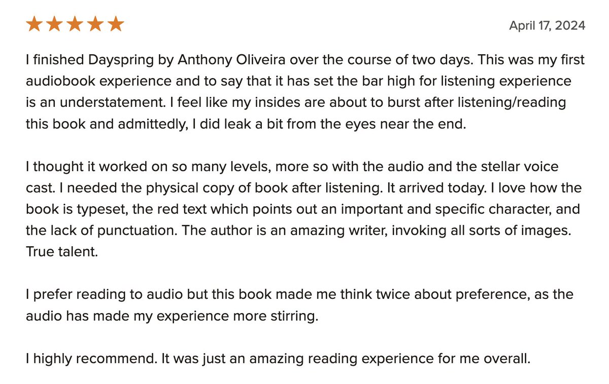 this is such a lovely comment *but* the DAYSPRING audio book absolutely *will* spoil you for other audio books i fully have never heard anything like it. they did something really incredible with this dayspringbook.com