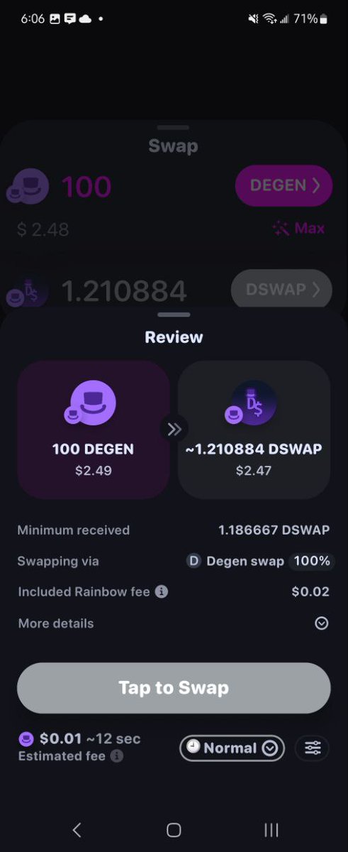swapdegen's tweet photo. We're excited to announce that DegenSwap is now integrated with RainbowWallet 🌈🎩 https://t.co/czDmyRR6KE