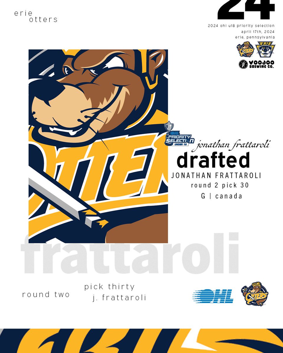 With the 30th overall pick in the 2024
<a href="/ohlhockey/">Ontario Hockey League</a> U18 Priority Selection Draft, the Erie Otters select Mississauga Senators Goaltender, Jonathan Frattaroli! Welcome to Erie!

<a href="/voodooerie/">Voodoo Erie</a> | #OHLU18Draft