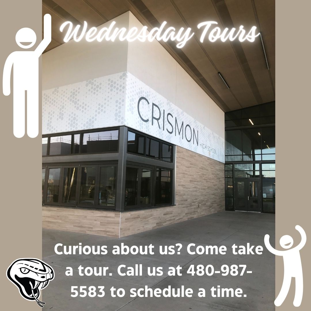 Hey there! 👋🏼 Are you curious about Crismon? Come see us and take a tour of our beautiful grounds. Tours are available every Wednesday afternoon, just give us a call to schedule yours at 480-987-5583. 🌿✨ #CrismonTours #ExploreOurSpace #qcleads #qcusd #crismonhs #unitedwelearn