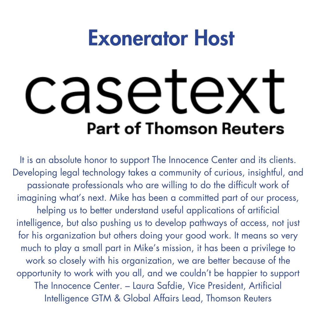 🌟 #MeetOurSponsors 🌟 A heartfelt thank you to our "Exonerator Host"  <a href="/casetext/">Casetext, Part of Thomson Reuters</a> and <a href="/LSafdie/">Laura Safdie</a>  for hosting our inaugural gala and making it an overwhelming success! 🙏 Your generous contribution not only made the event possible but also fuels our mission with renewed purpose.
