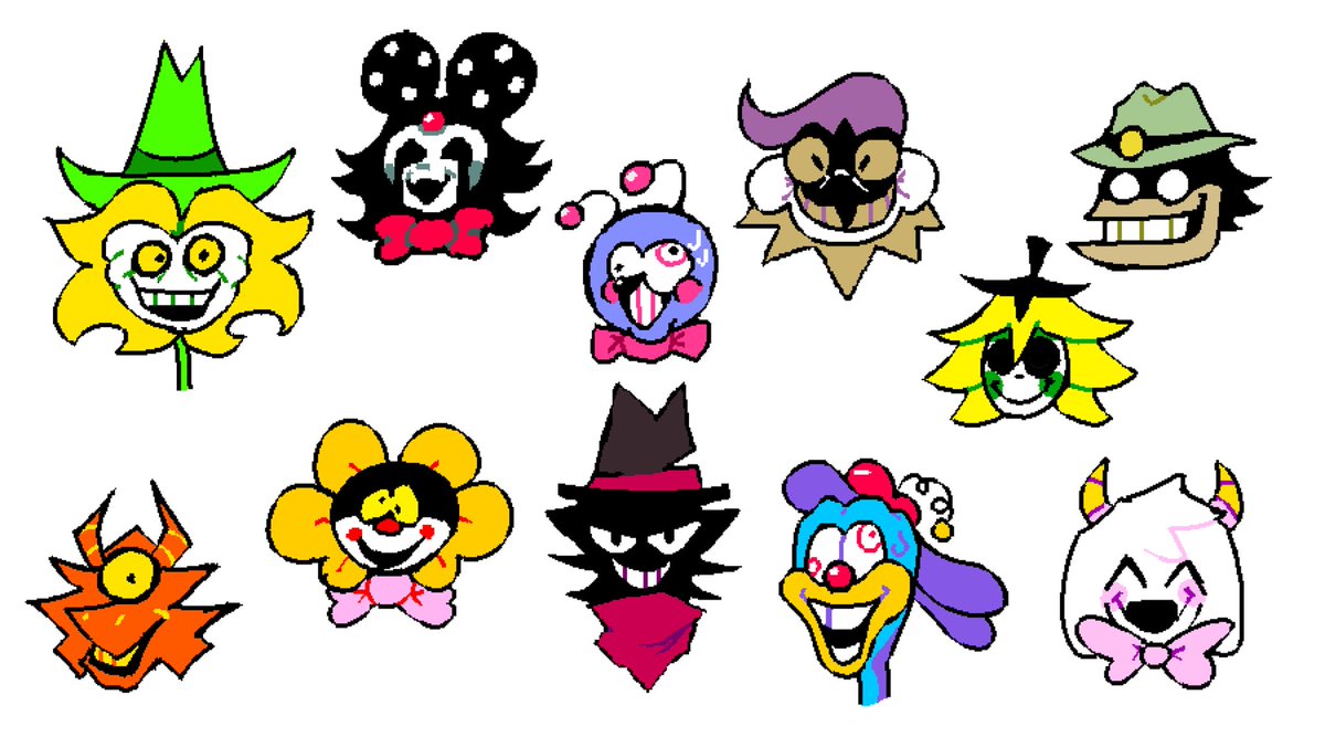 SYASYASYANOSYA's tweet photo. Some deltarune fanmade secret bosses.
#DELTARUNE #Petaly #Camellia #Screepto #Fleur #Flaurel #Timber (idk)#BrandalC (idk)#Flowery #Hycrisik https://t.co/H2gJiBe4wf