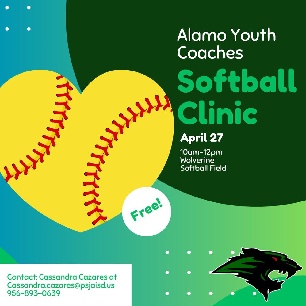 LadyWolverineS4's tweet photo. CALLING ALL YOUTH SOFTBALL COACHES 📢 PSJA Memorial Softball coaches are hosting a clinic for you. Learn basic skills and drills that our High School is doing to help your youth softball programs. https://t.co/usuNPk135j https://t.co/QLNr6Na5sx