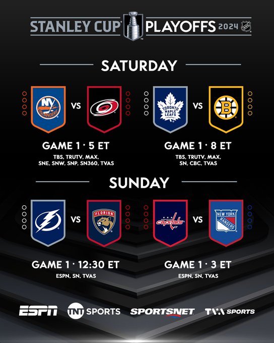 The 2024 Stanley Cup Playoffs logo overtop of a black gackground. 

Below that are the start times of each Easyern Conference series as followed. 

Saturday:
NYIvsCAR: Game 1, 5p ET on TBS, TRUTV, MAX, SNE, SNW, SNP, SN360, TVAS
TORvsBOV: GAme 1, 8p ET on TBS, TRUTV, MAX, SN, CBC, TVAS

Sunday: 
TBLvsFLA: Game 1, 12:30p ET on ESPN, SN, TVAs
WSHvsNYR Game 1, 3p ET on ESPN, SN, TVAS