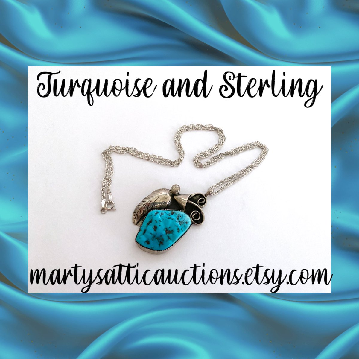 Southwestern Sterling Silver and Turquoise Pendant in Beautiful Detailed Frame, Natural Turquoise in Saw Tooth Setting with Feather Detail