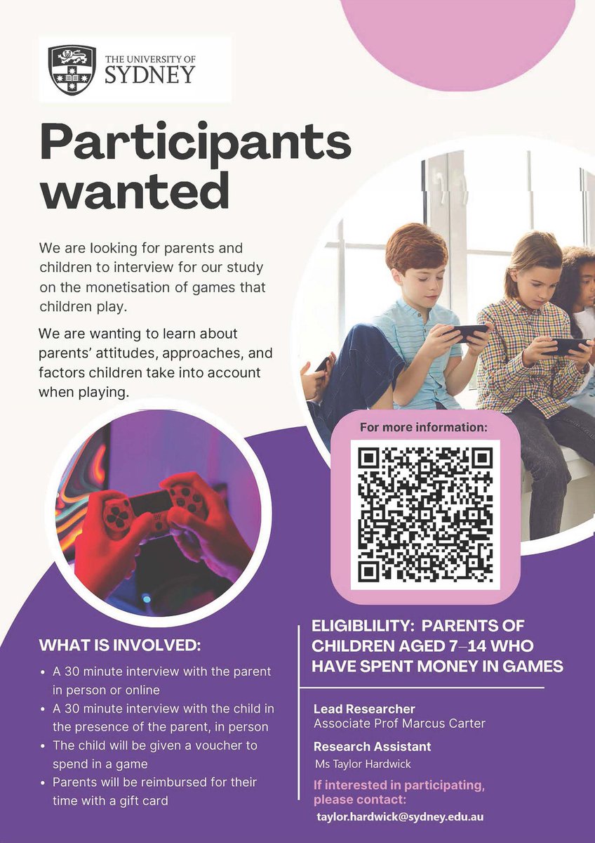 Taylor Hardwick (@darthtayrah) on Twitter photo ✨I’m still recruiting for this study!✨ If you have a kid aged 7-14 who’s spent money in digital games (and you’re based in Melb), I’d love to chat to you both! You can email me at taylor.hardwick@sydney.edu.au ✨ ✨I’m still recruiting for this study!✨ If you have a kid aged 7-14 who’s spent money in digital games (and you’re based in Melb), I’d love to chat to you both! You can email me at taylor.hardwick@sydney.edu.au ✨