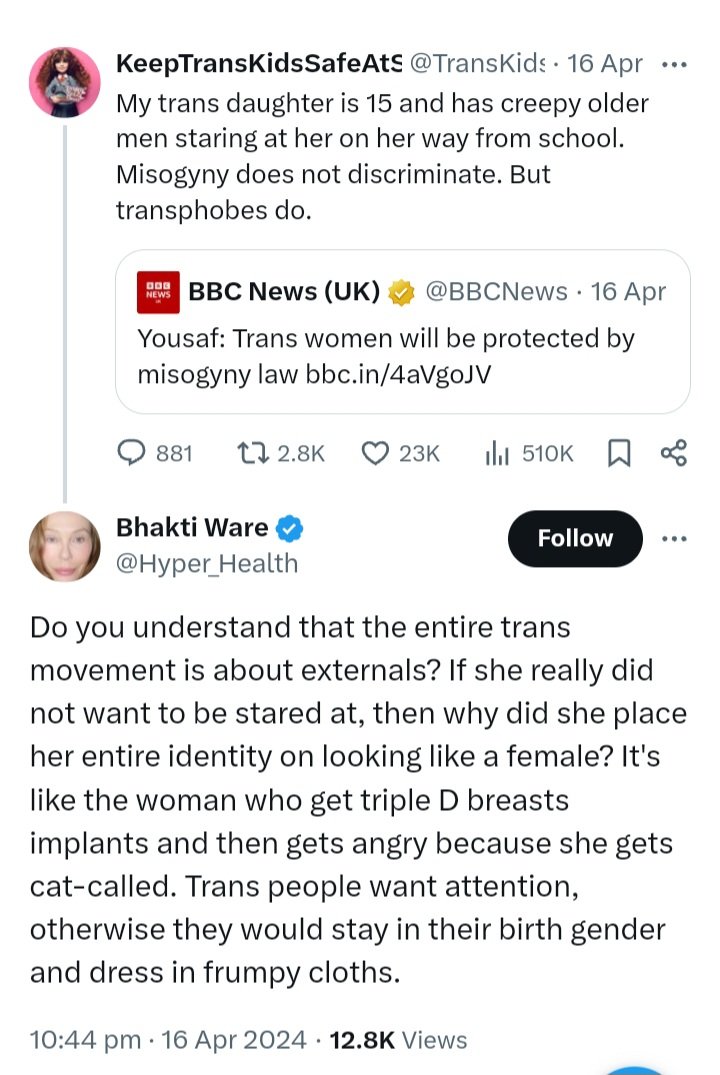 Transphobes answer to a concerned mother of a 15 year old girl 'she's asking for it by' The same excuse used by all rape apologists, blaming the victim for how they dress not the person who assaults them. Also there's no evidence how the teen dresses, she just assumes