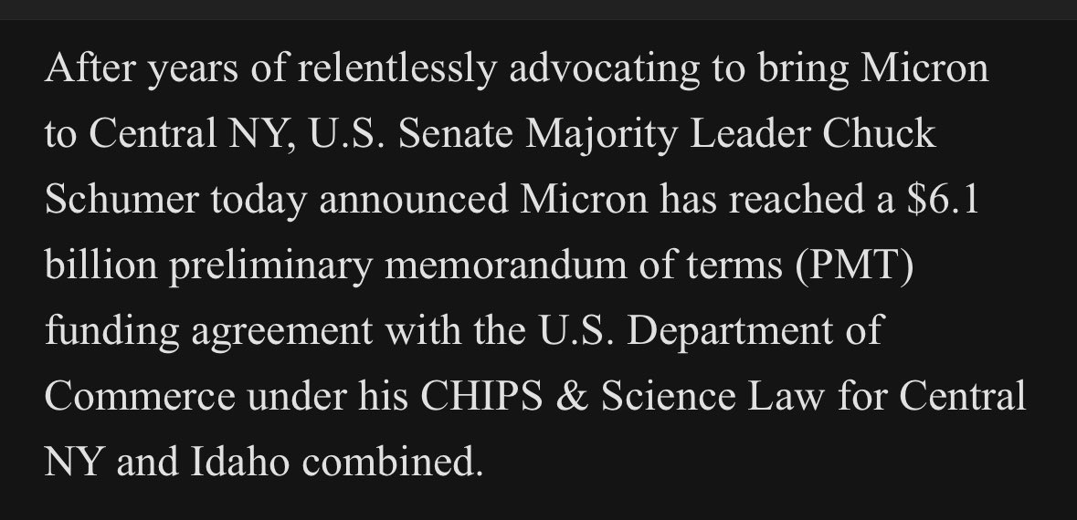 In an announcement that uses the word “historic” a lot, @SenSchumer says Micron has agreed to the first $6.1 billion for their plans to build a microchip manufacturing center outside Syracuse. The whole plan is about $100 billion, with significant incentives ($) for Micron.