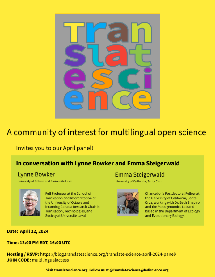 Emma Steigerwald (@emmasteigerwald) on Twitter photo Are you interested in #Multilingual #OpenScience?
Join us for a conversation about #MachineTranslation, collaborative platforms, & other efforts!
Translate Science is hosting <a href="/bowkerl/">Lynne Bowker</a> and me for a conversation on 22 April. More info in the link: blog.translatescience.org/translate-scieโฆ Are you interested in #Multilingual #OpenScience?
Join us for a conversation about #MachineTranslation, collaborative platforms, & other efforts!
Translate Science is hosting <a href="/bowkerl/">Lynne Bowker</a> and me for a conversation on 22 April. More info in the link: blog.translatescience.org/translate-scieโฆ