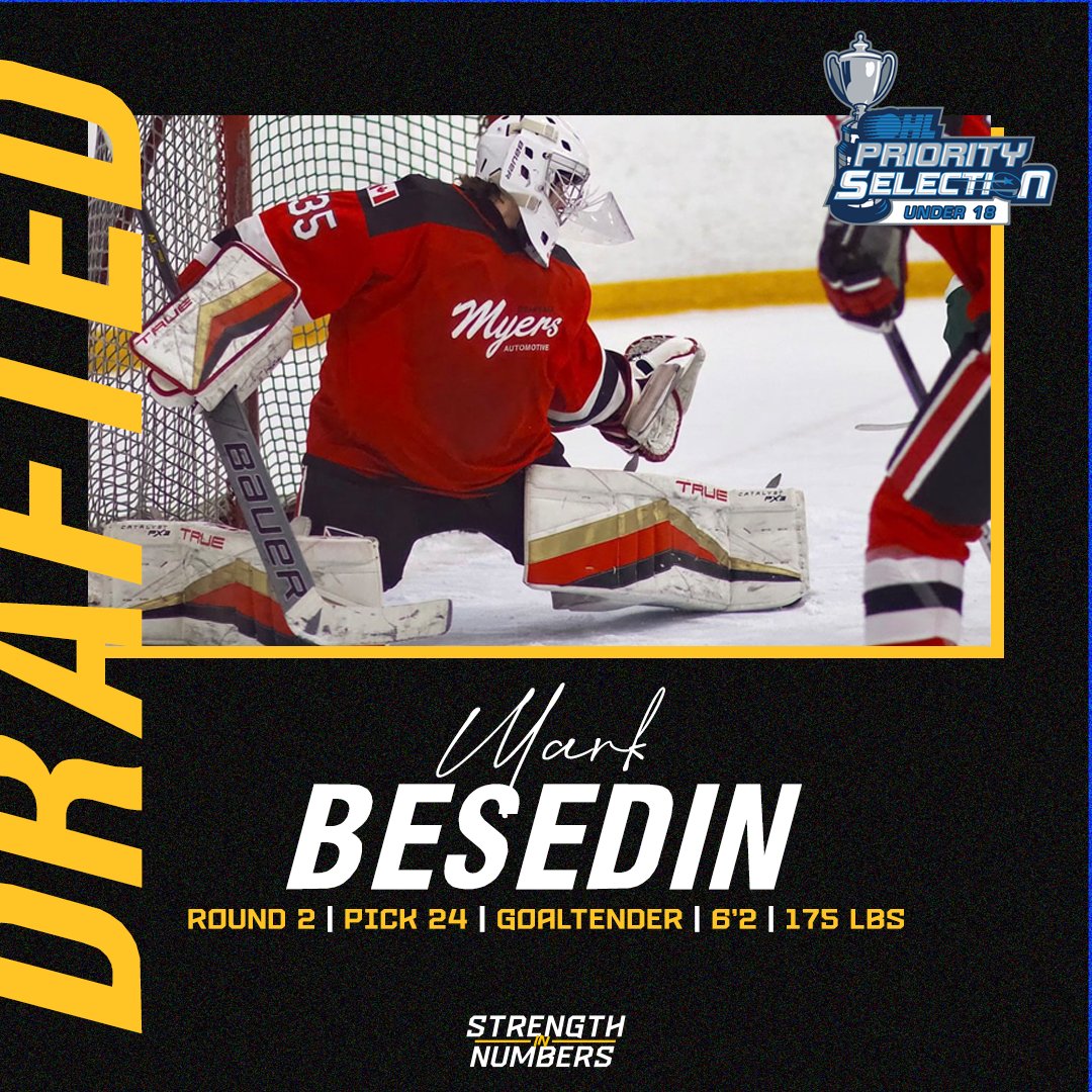 SARNIA-BOUND! With the 24th pick in the 2024 #OHLU18Draft, we’d like to welcome goaltender, Mark Besedin to the Ontario Hockey League! #StrengthInNumbers