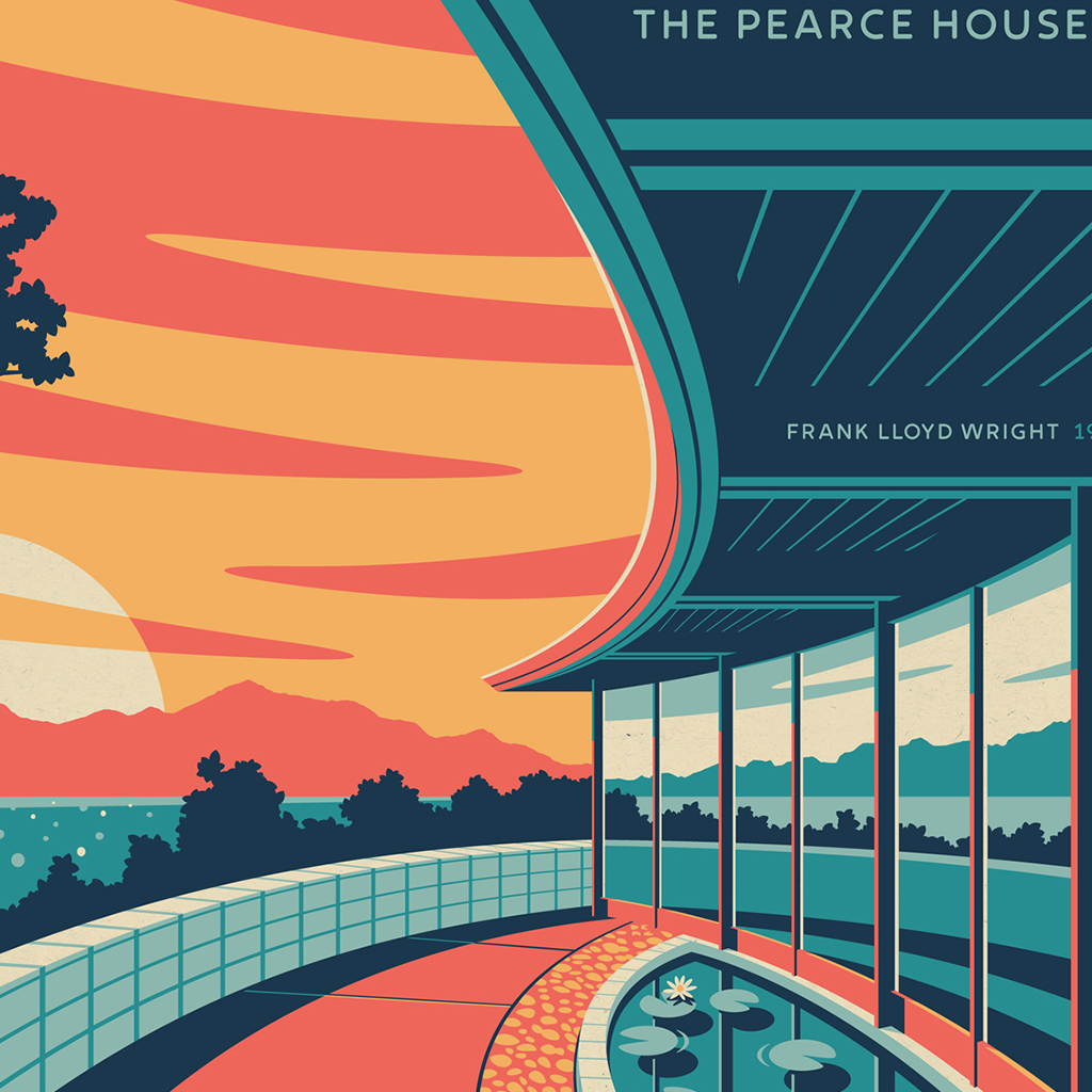 We're thrilled to have artist duo @DKNGstudios as part of our #FrankLloydWright: Timeless exhibition opening this weekend in #Scottsdale, AZ! Here's a sneak peek for their beautiful screen print for The Pearce House, located in Bradbury, CA. 

Learn more: spoke-art.com/blogs/news/com…