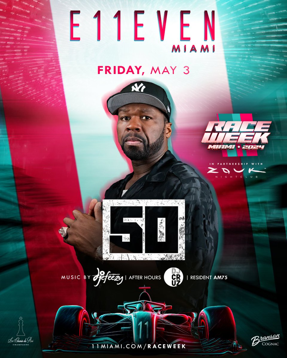 ALL ROADS LEAD TO #E11EVEN 🏁 Cross the finish line with platinum-selling artist @50Cent at #E11EVEN Friday, May 3! Sounds by @DJefeezy & @DJCruz Tickets & Tables: 11miami.com/50cent | Link in bio In partnership with @ZoukGroupLV #11Miami #MiamiRaceWeek #MiamiGP