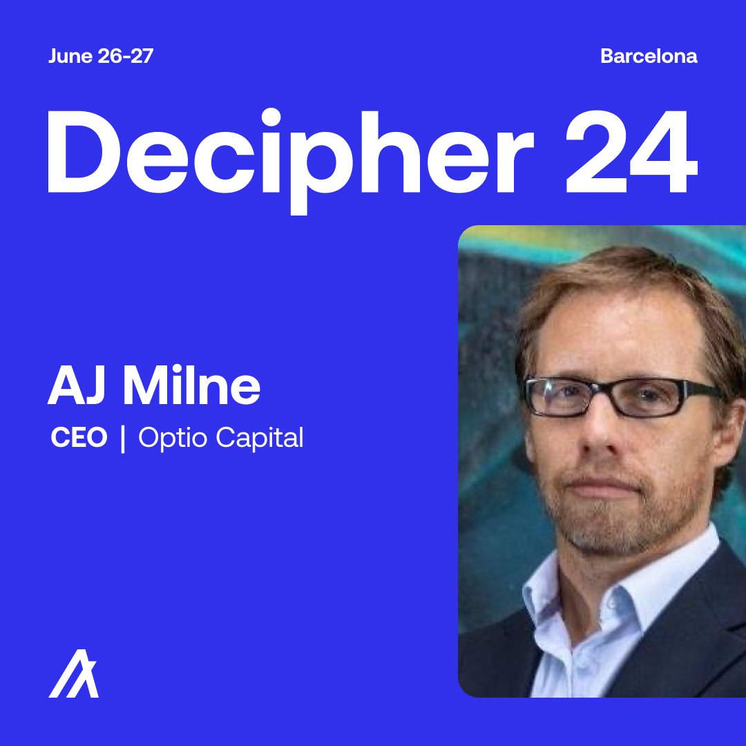 We're excited to welcome @AJ_Milne of blockchain and DeFi investment firm @OptioCapital at Decipher 2024! Will you be there? 👀 Don't miss your chance—applications to attend are closing soon! decipherevent.com/?utm_source=tw…