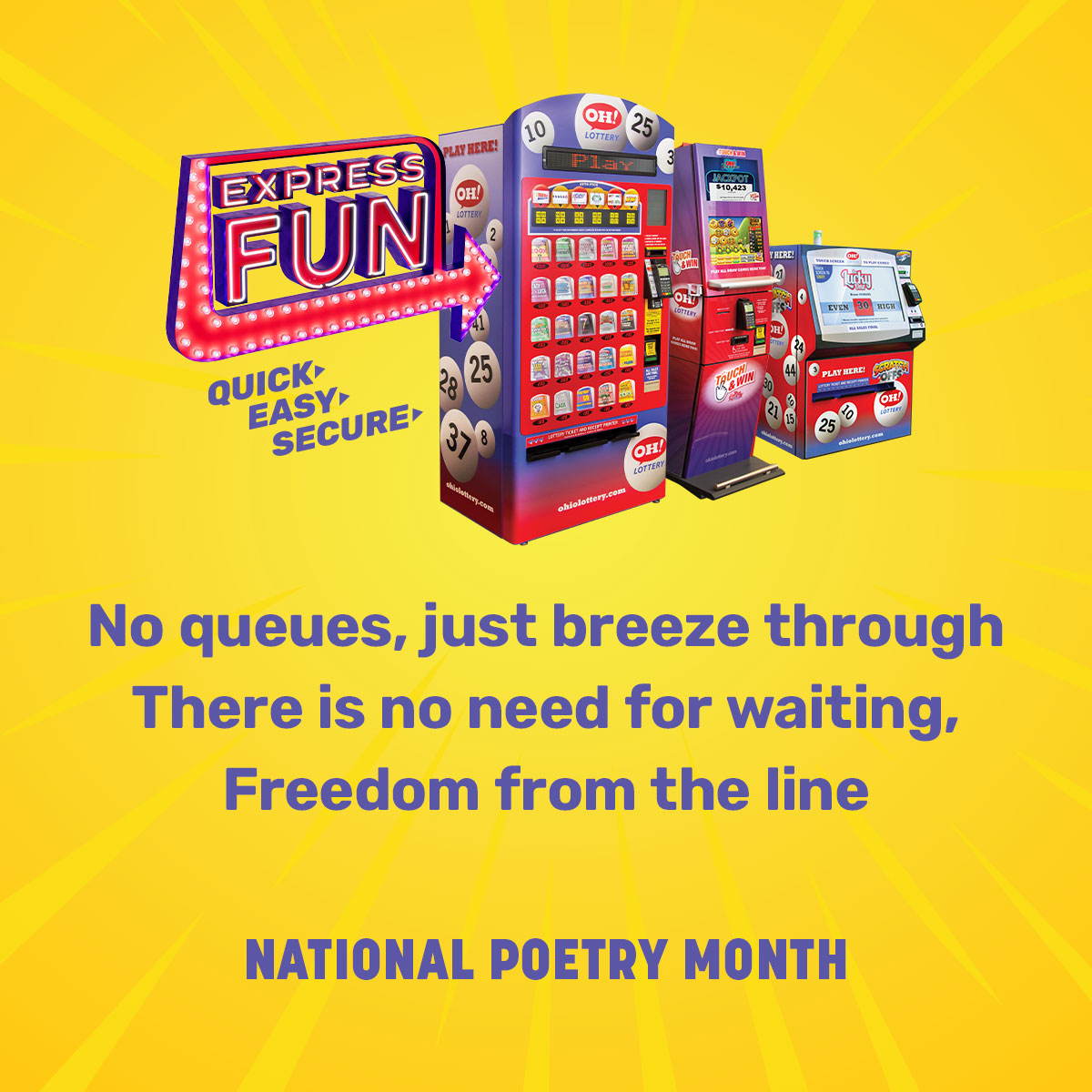 OHLottery's tweet photo. Happy National Haiku Day during National Poetry Month! There's no need to wait in lines with Self-Serve Kiosks!
#ExpressFun #NationalHaikuDay #NationalPoetryMonth https://t.co/wOXlWyIPBP