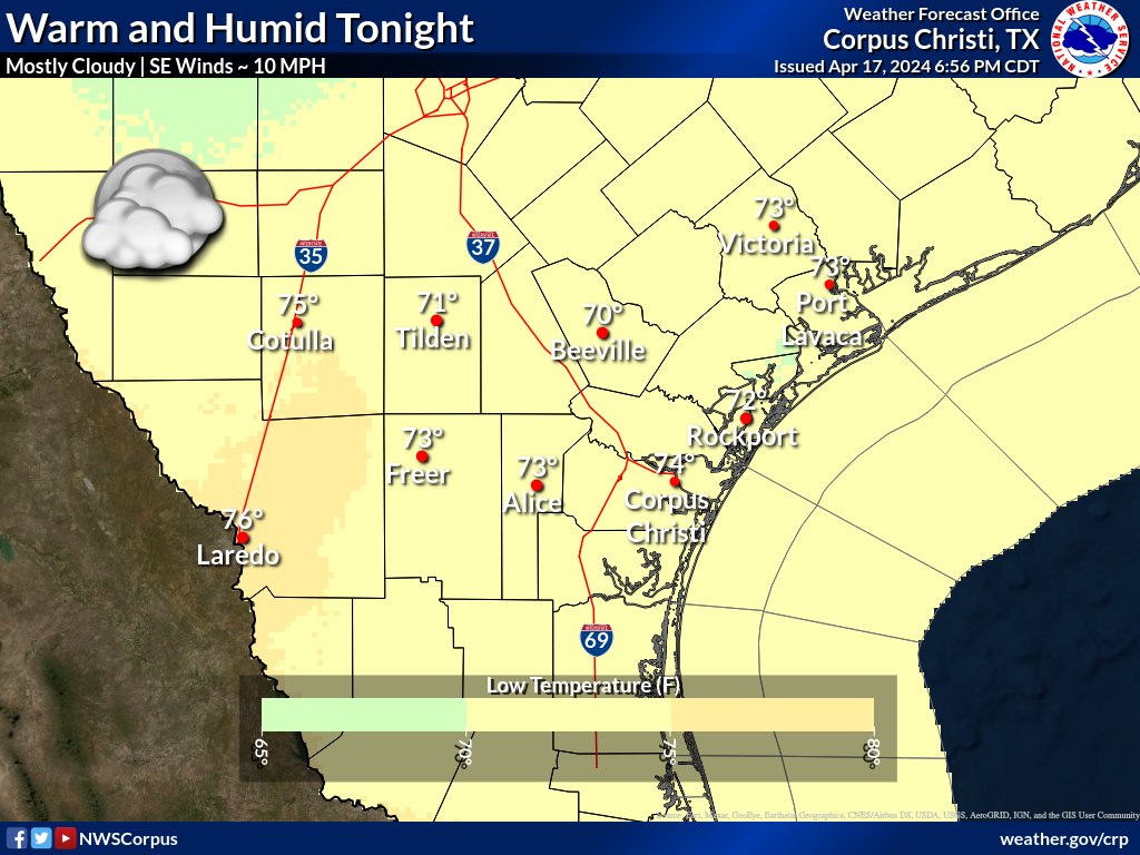 A few showers will be possible out west this evening. Otherwise, tonight will be warm and humid with low temperatures in the low to mid 70s under mostly cloudy skies. #stxwx #txwx