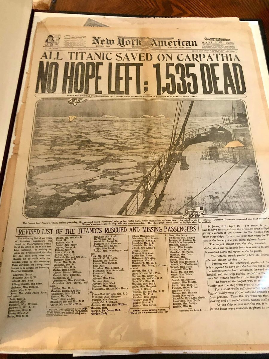 Primeira página do jornal New York American, impressa no dia de hoje há 112 anos. Não há mais esperança: 1535 mortos Posteriormente os números seriam revistados para 1496.