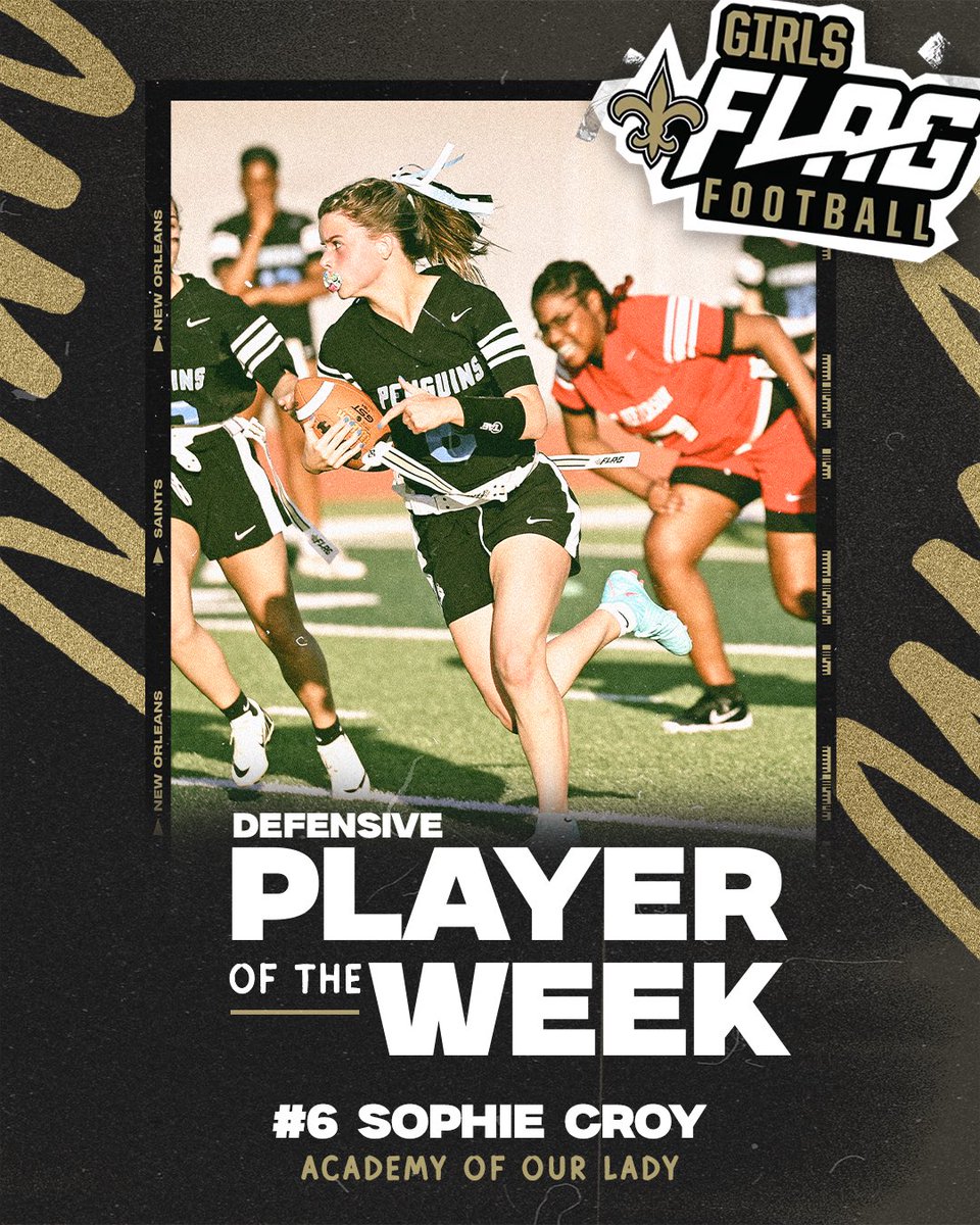 Congratulations to Sophie Croy of Academy of our Lady for being named @saints Girls HS Flag Football Week 2 Defensive Player of the Week! Sophie was all over the field in AOL’s 25-0 shutout win with several flag pulls and an interception that she took back the house!