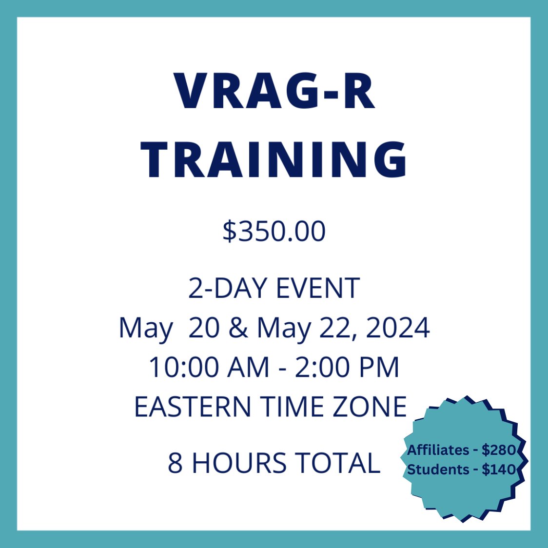 We have a VRAG-R training next month with a post-training certification opportunity! The VRAG-R is an actuarial risk assessment tool used to assess the risk of future violent recidivism in men with a history of violent, non-violent, and sexual offences. 

saarna.org/product/vrag-r…