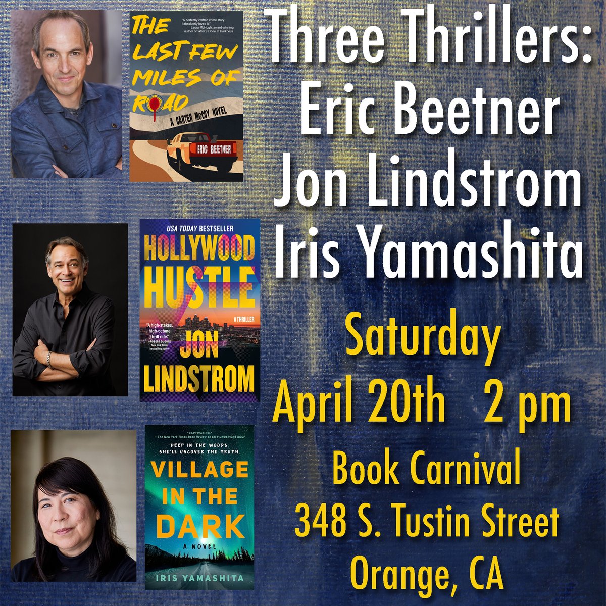 Heads up, Orange County. We're comin', whether you like it or not. whether you agree with us, or not. Whether you want us to, or not. This Sat. 4/20. 2pm PT. No, there will NOT be smoke, but there will be talk. And laughs. And book stuff. The great @IrisYamashita and @EricBeetner…