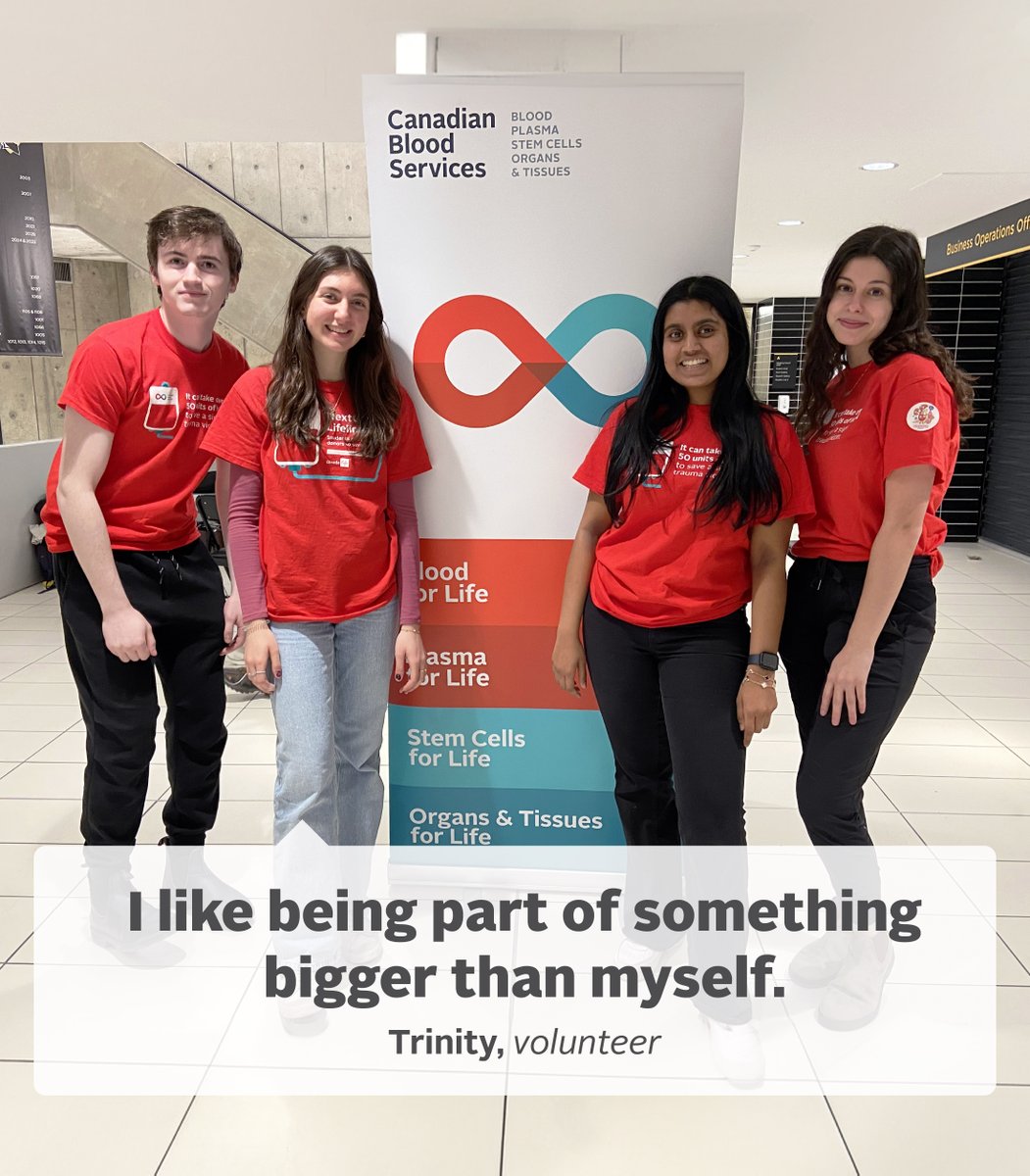 It's National Volunteer Week (Apr. 14-20, 2024)! Trinity (second from left) recruits young people to join the stem cell registry - thanks, Trinity ❤️ Want to meet a few more volunteers who help make all the difference? Read more here: ow.ly/Jzxw50Rhz8i