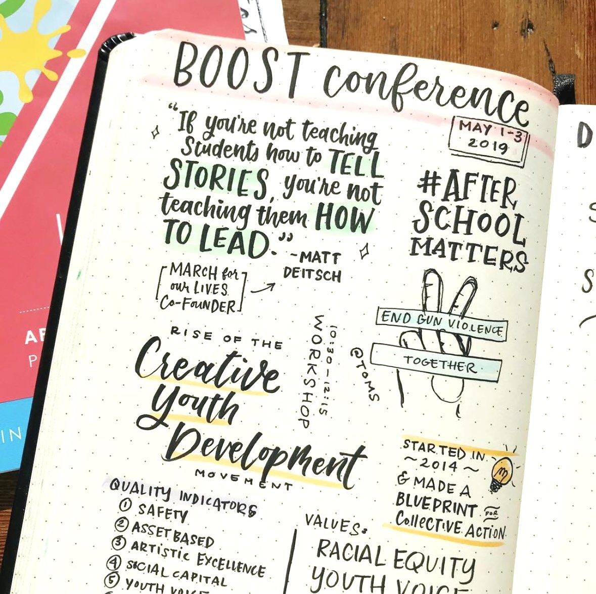 We love the idea of using #sketchnotes to organize learning points and key concepts. This beautiful hand-lettered sketch was created by Novel Letter Studio at our 2019 #boostconference. How do you take notes at BOOST? #AfterschoolMatters