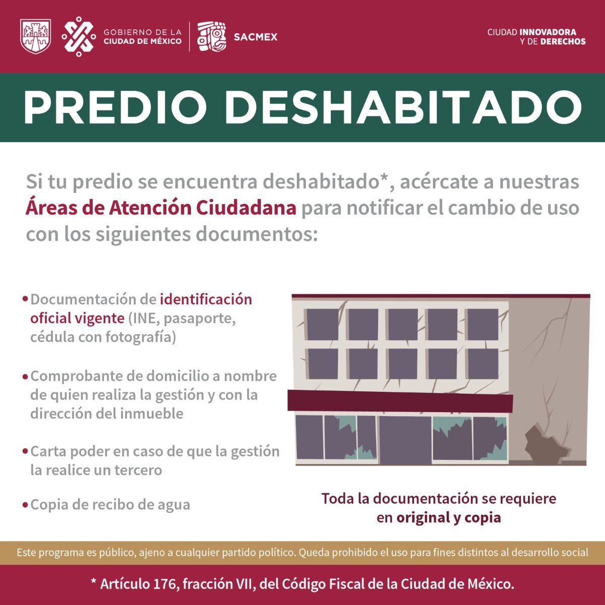 🏚 Si cuentas con un predio deshabitado, acércate a las Áreas de Atención Ciudadana del #SACMEX para realizar el trámite cambio de uso. 📍 Conoce la ubicación de tu sede más cercana en ⬇️ bit.ly/SACMEX-AAC-PAG… #trámite #agua #abril