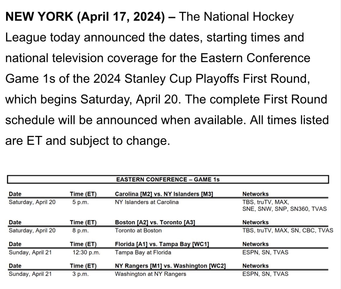 #NHLBruins and #LeafsForever will open their best-of-seven First Round playoff series Saturday at Boston.