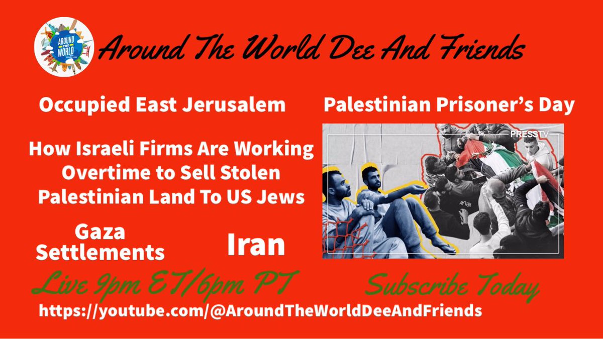 Live 9pm ET: We will discuss; Palestinian Prisoner’s Day, E. Jerusalem, Selling Stolen Land, Gaza, Iran. Let’s Talk! #Jerusalem #WestBank #Gaza #Iran 
#EthnicCleansingOfPalestine #Prisoners #IsraelEthnicCleansingGaza #Gaza_life_matters #WestBankGenocide youtube.com/live/U7MDNyxNi…